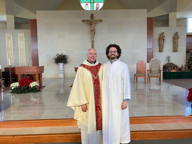 Fr. Ed Ogden, OSFS &amp; Joe Katarsky, OSFS, at St. Margaret of Scotland in Newark, DE.  Joe spoke at the masses, sharing his vocation story.  He will be ordained a deacon in May.