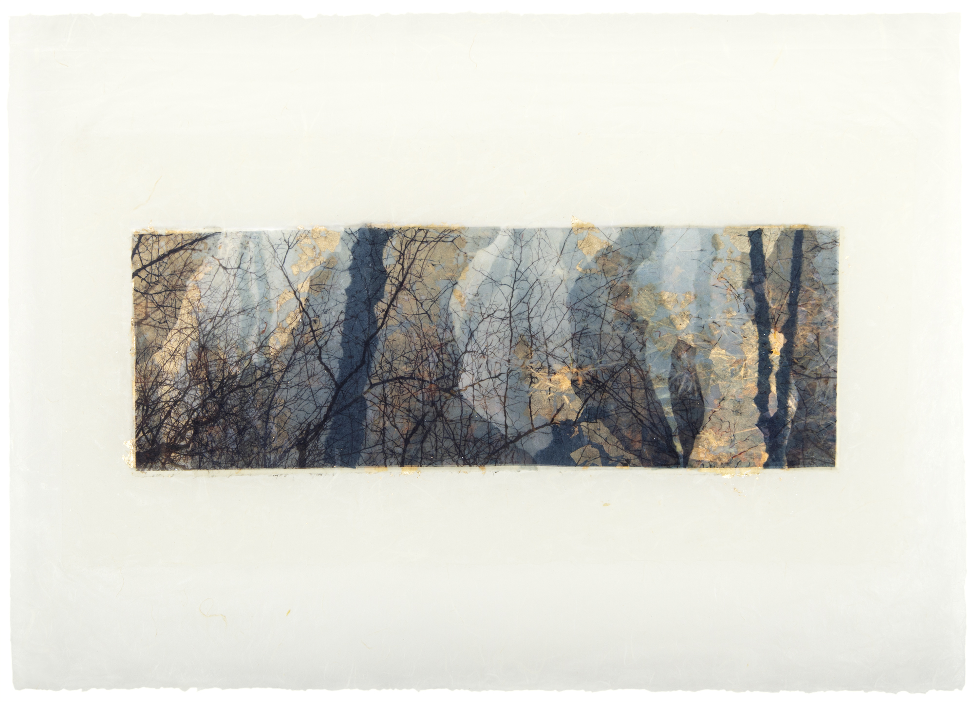   Deep Blue , Long Island, NY, 2014  Ink jet print on Japanese rice paper, rice papers, gold leaf, wax  13” x 28” 