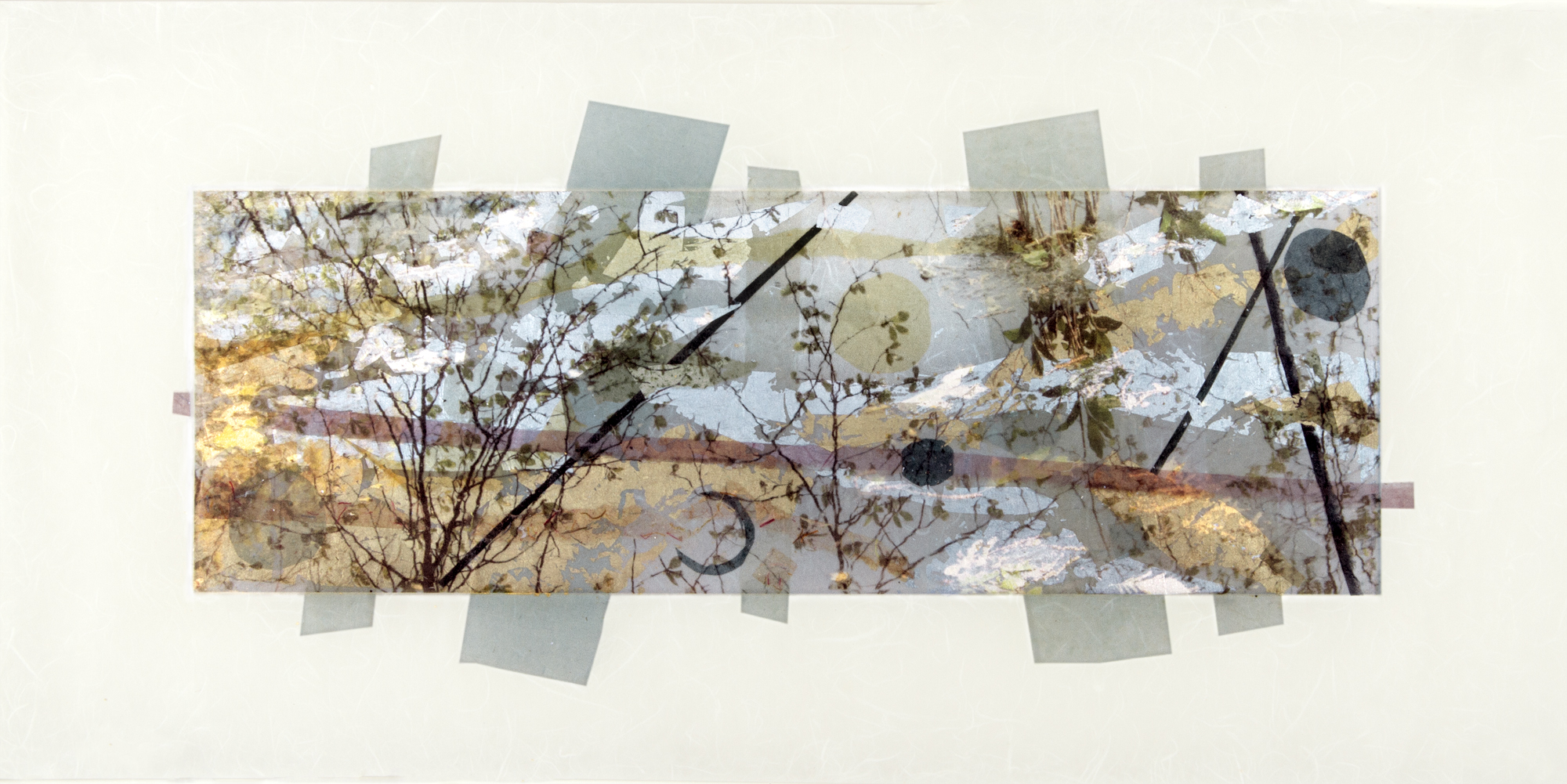   Kandinsky Thoughts II , Long Island, NY, 2014  Ink jet print on Japanese rice paper, rice papers, gold leaf, silver leaf, wax  14” x 28” 