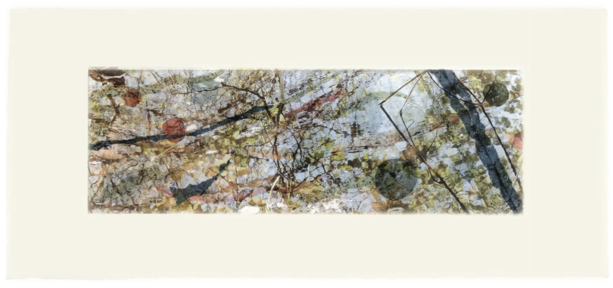 Kandinsky Thoughts I , Long Island, NY, 2014 Ink jet print on Japanese rice paper, rice papers, silver leaf, wax 14” x 28”