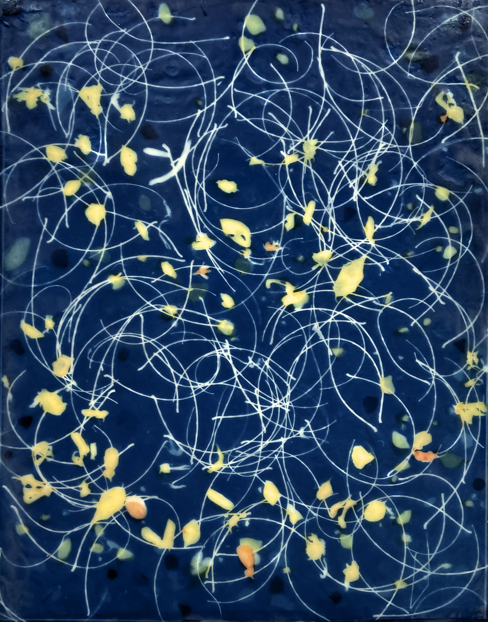   Tobago Tides III,  2020  Cyanotype on Japanese rice paper, colored Japanese rice papers, wax, encaustic board   11" x 14" 