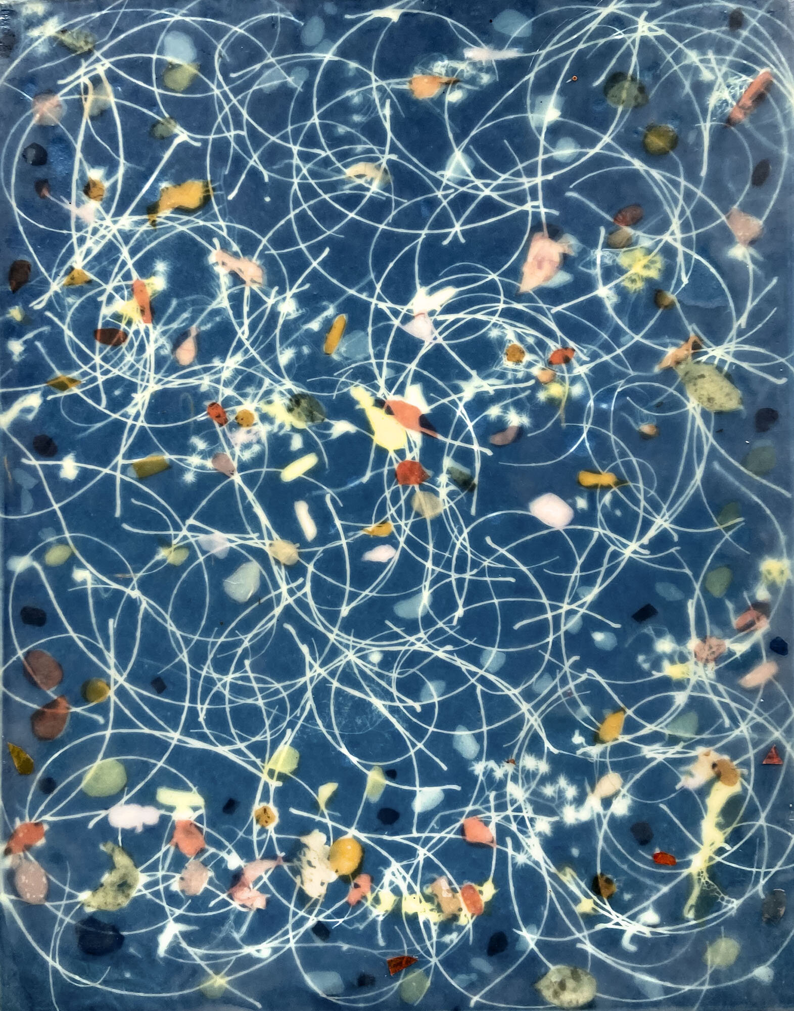   Tobago Tides II,  2020  Cyanotype on Japanese rice paper, colored Japanese rice papers, wax, encaustic board   11” x 14” 