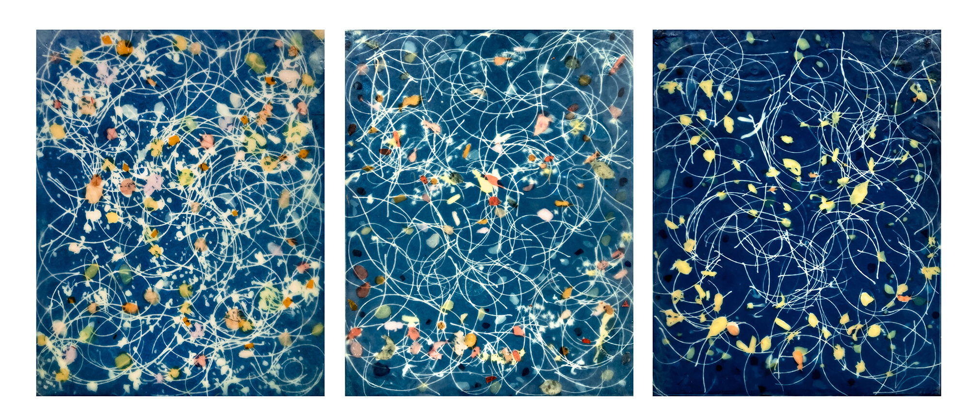   Tobago Tides Triptych , 2020  Cyanotypes on Japanese rice paper, colored Japanese rice papers, wax, encaustic board   3 images 11” x 14" 