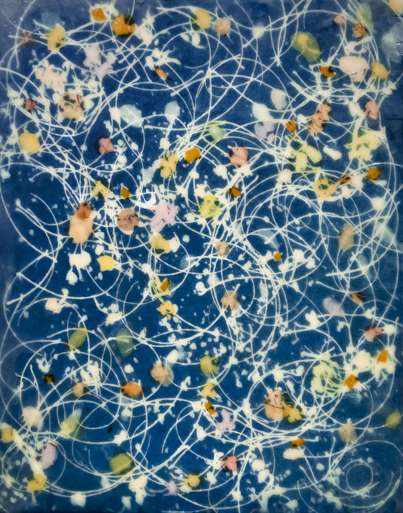   Tobago Tides I,  2020  Cyanotype on Japanese rice paper, colored Japanese rice papers, wax, encaustic board   11” x 14” 