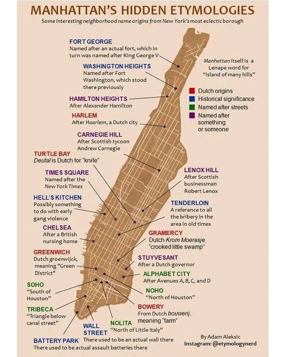🗺️ 🌆 Check out this awesome map by @etymologynerd featuring Manhattan's hidden etymologies. I lived in Chelsea for over 15 yrs but I would say my fave nabe is the West Village. What's yours? 

#Manhattan #neighborhoodnames #NYC #NewYorkCity #NYCExp