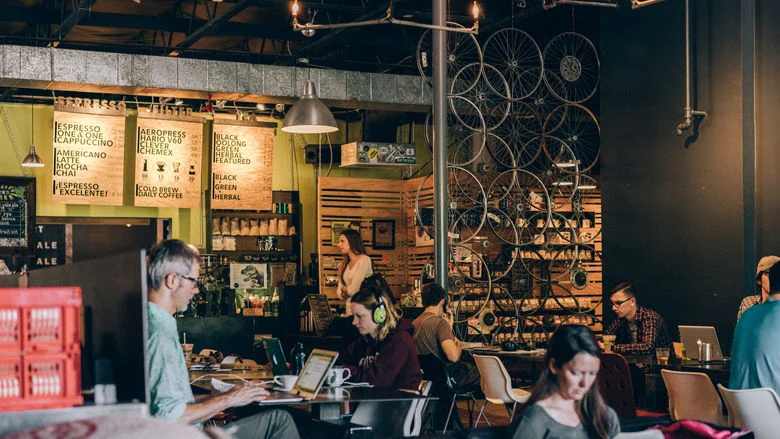 Cartel Coffee Lab and bicycle rim salvage.