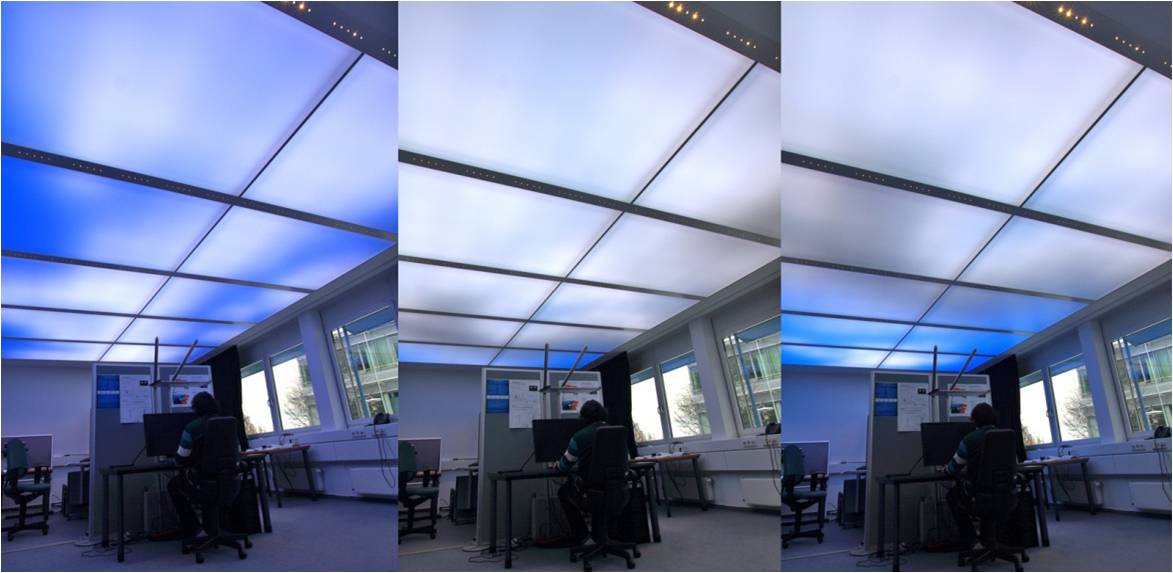 Sistema luminoso a moduli 50X50 ciascuno contenente 200 diodi e generante 16milioni di tonalità . Fraunhofer Institute, Stoccarda