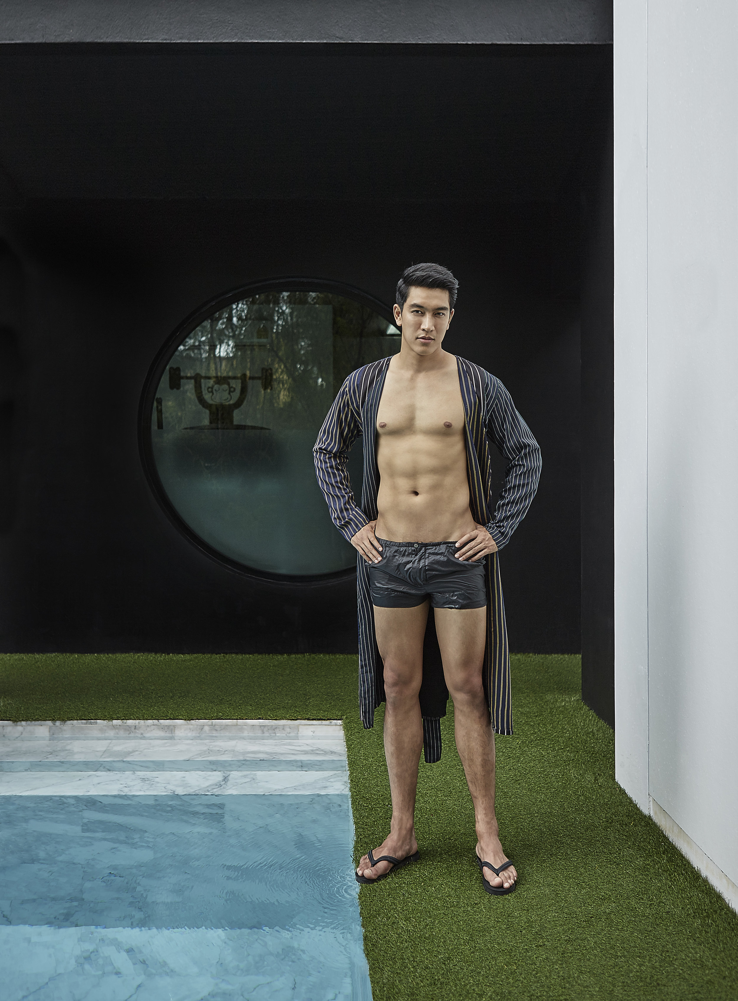 robe : The Leisure Projects / shorts : Calvin Klein Collection