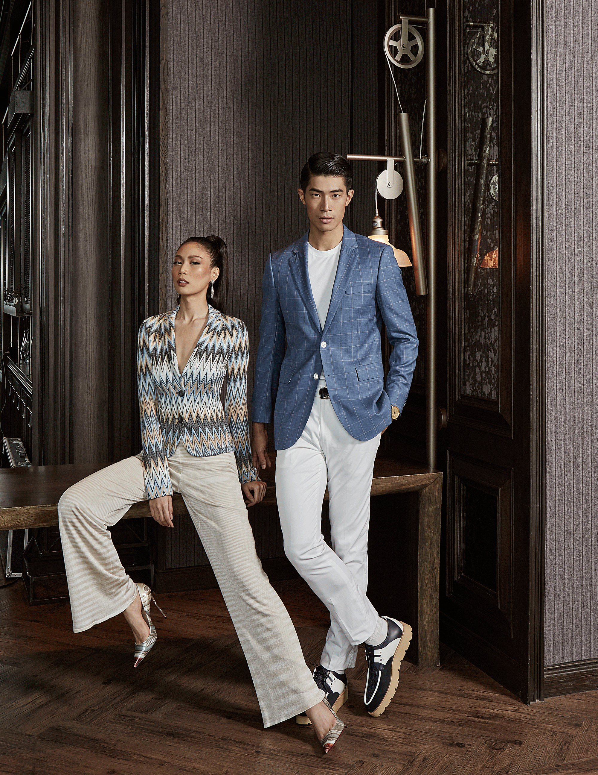 Ning : clothes : MISSONI / shoes : Christian Louboutin / earrings : Butler & Wilson LONDON Roger : clothes : MARBLE & WOOD / shoes : Christian Louboutin