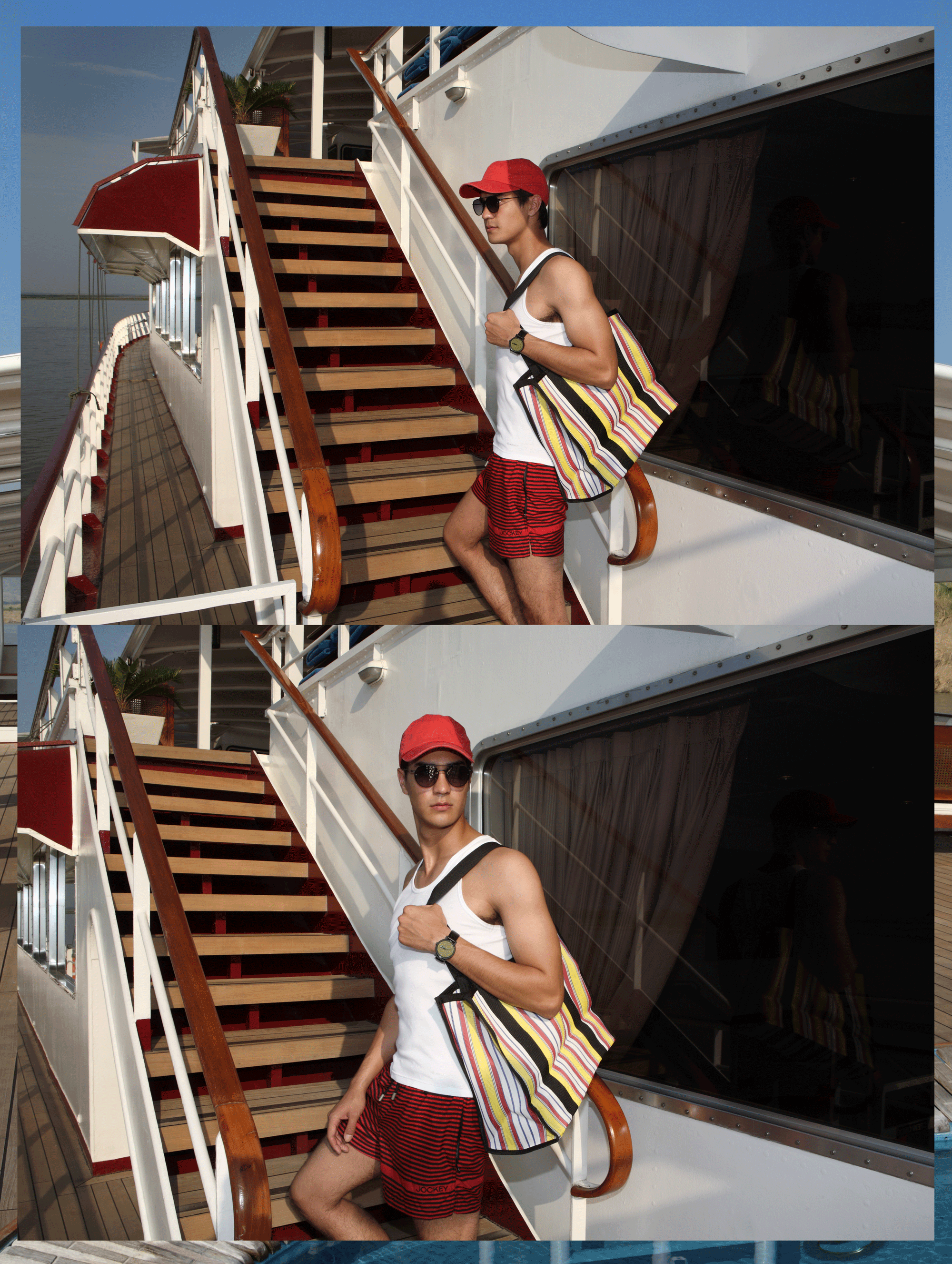 tanktop and trunks : JOCKEY / watch : FORREST / sunglasses : SPEKTRE / bag : Red Modeling
