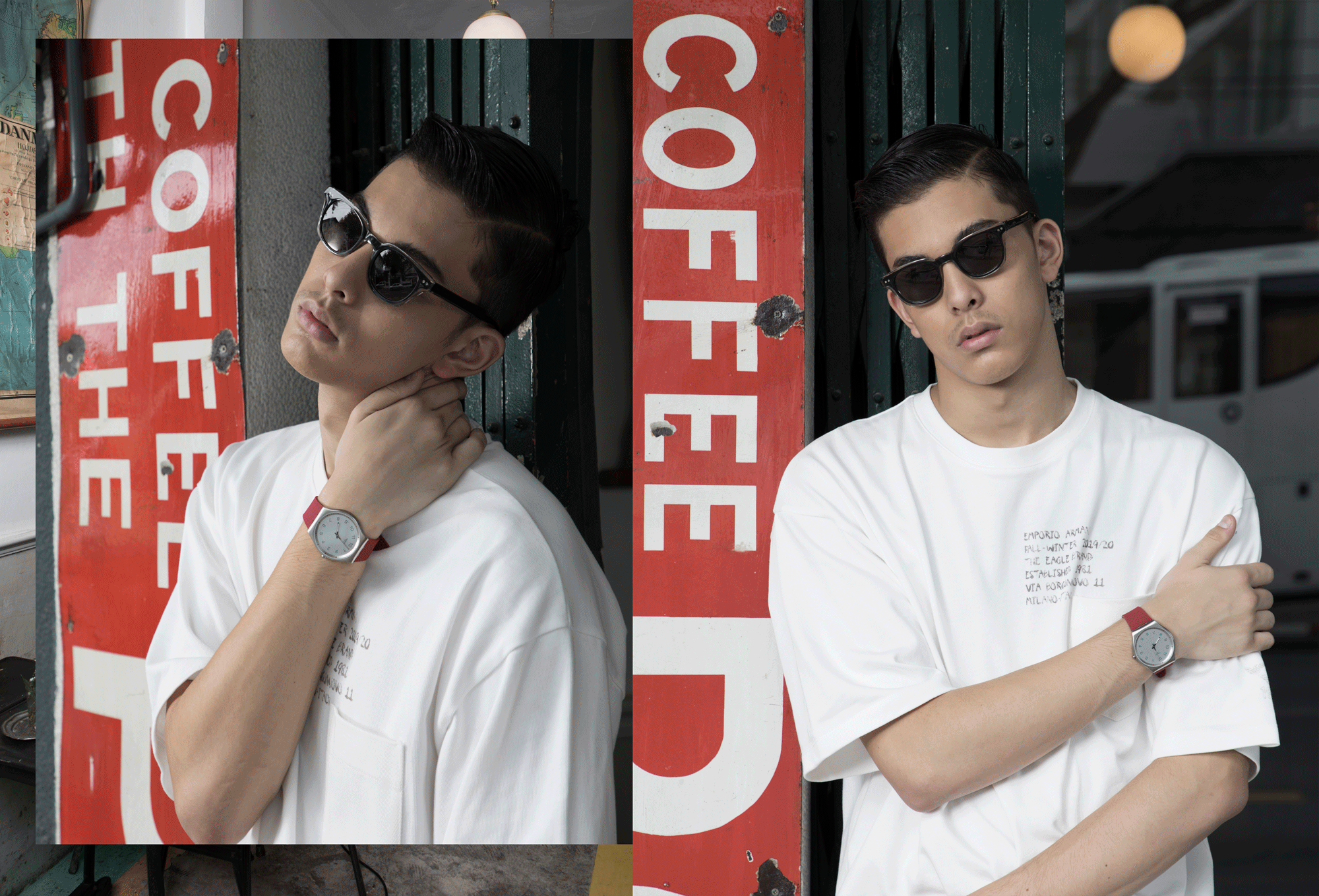 tshirt : Emporio Armani / sunglasses : Blake Kuwahara watch : SWATCH - SKINROUGE