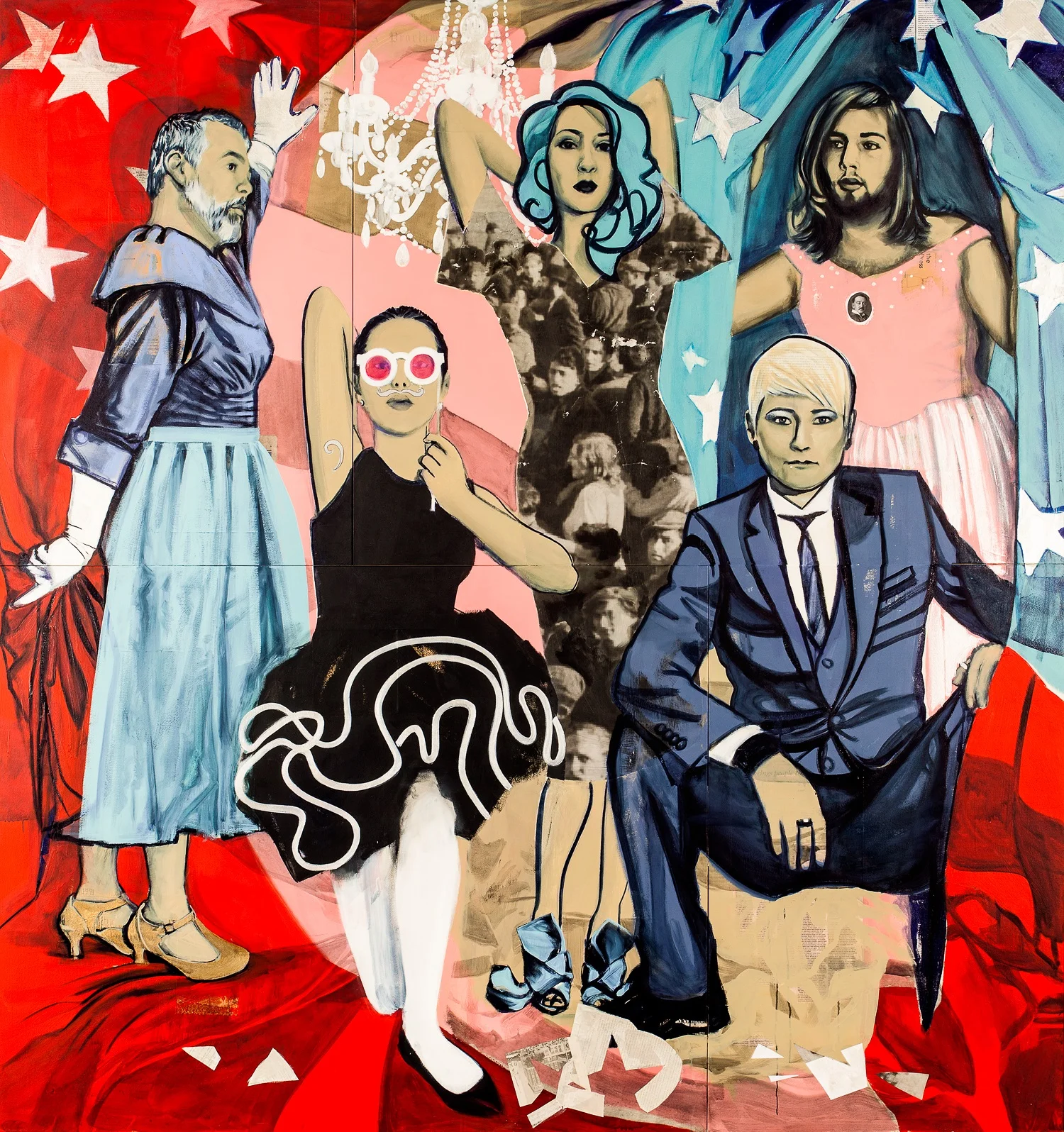 Gender Exploration: Cut From the Same Fabric Acrylic and paper on canvas 96 in x 91 in 2017 (after Picasso Les Demoiselle d’Avignon)
