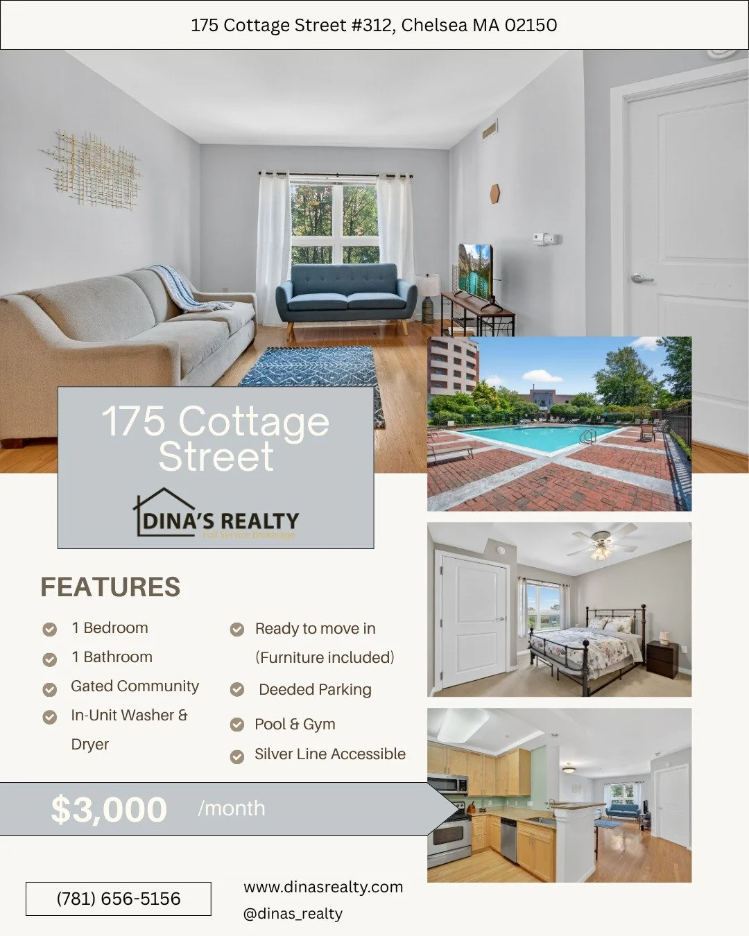 Now available to rent, 175 Cottage Street! Located in Chelsea, MA this 1-bed, 1-bath is fully furnished and move in ready!
To learn more contact Maritza today.
(781)-656-5156 -- maritza@prkoscompany.com
www.dinasrealty.com