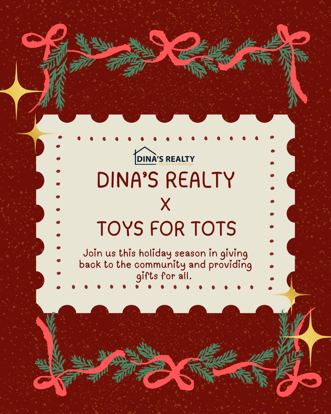 🎅🏼🎁🎄It's the season of giving. This year Dina's Realty will be collecting gifts for Toys for Tots. Come by and spread the holiday cheer, while giving back to children in need!
We are open from 9:00 am- 5:00 pm (Mon.-Fri.).

❗Last day for gift col