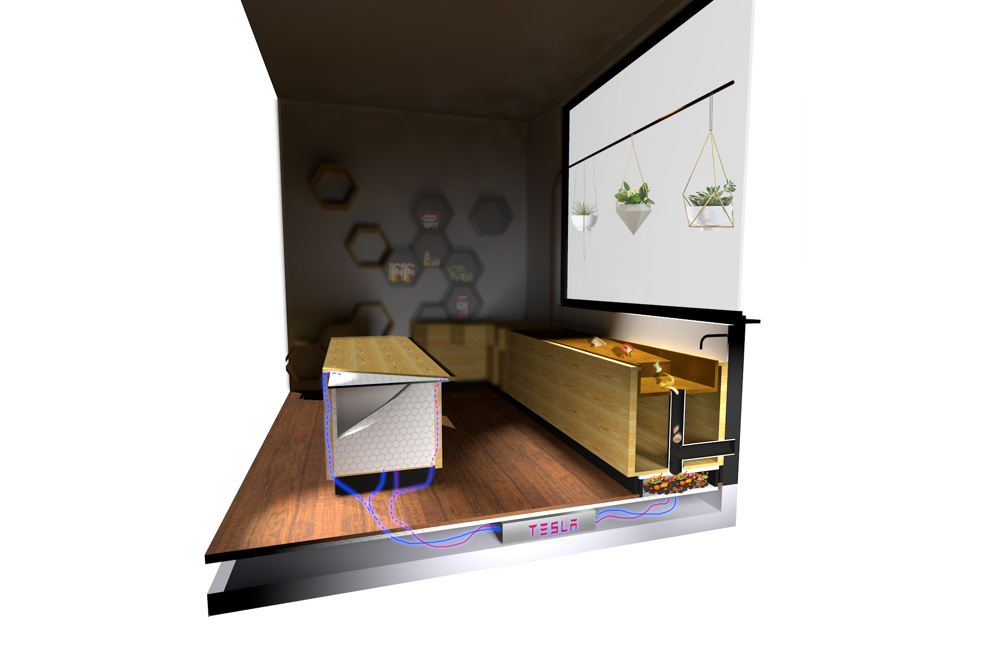 3D render of the vertical garden and compost unit in action Tesla.