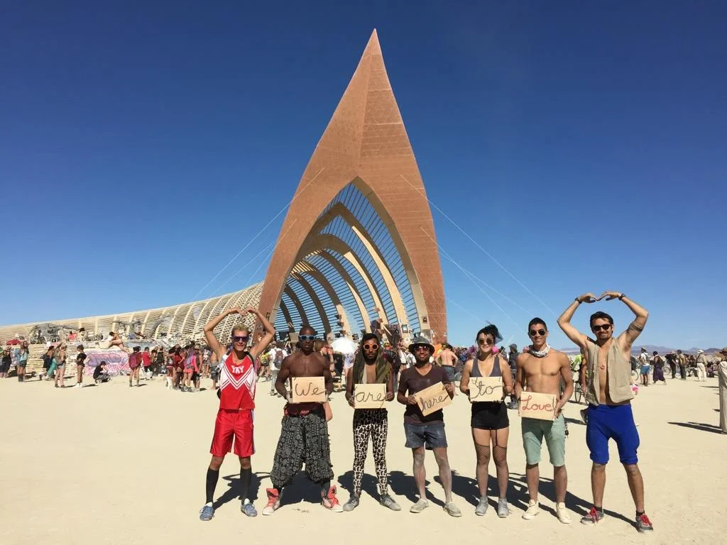 "We are here to love" - With a few of my burning man camp mates at the Temple in 2015.