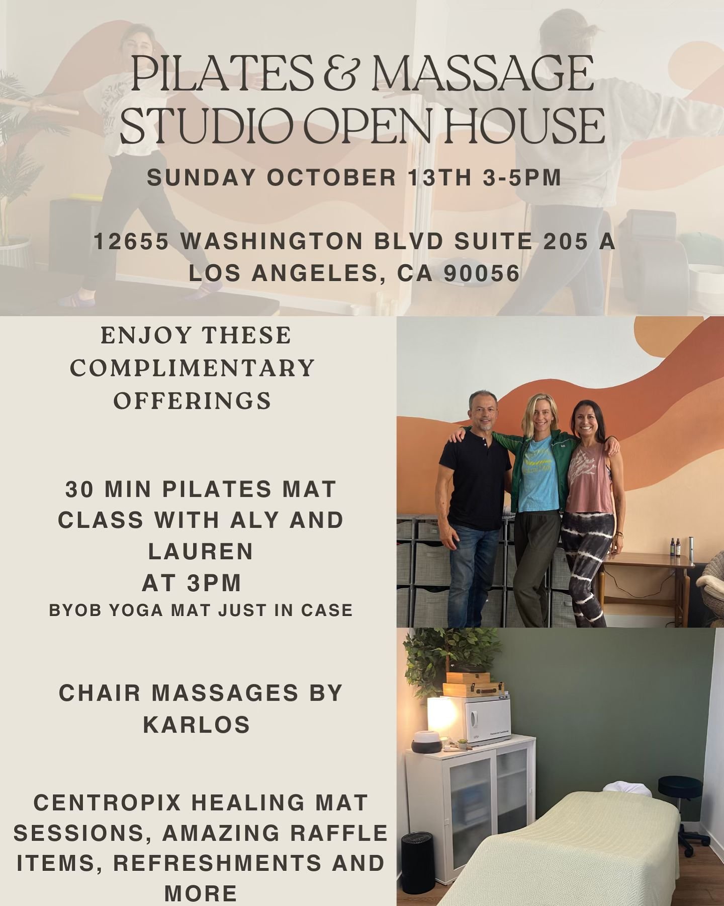 Join us on Sunday October 13th for an Open House at our sweet  Pilates and Wellness Studio in West Culver City !

30 min Complimentary Pilates Mat class at 3pm✨

Chair massages ✨

Healing @centropixusa mat demos ✨

Amazing Raffle Items ✨

Positive vi