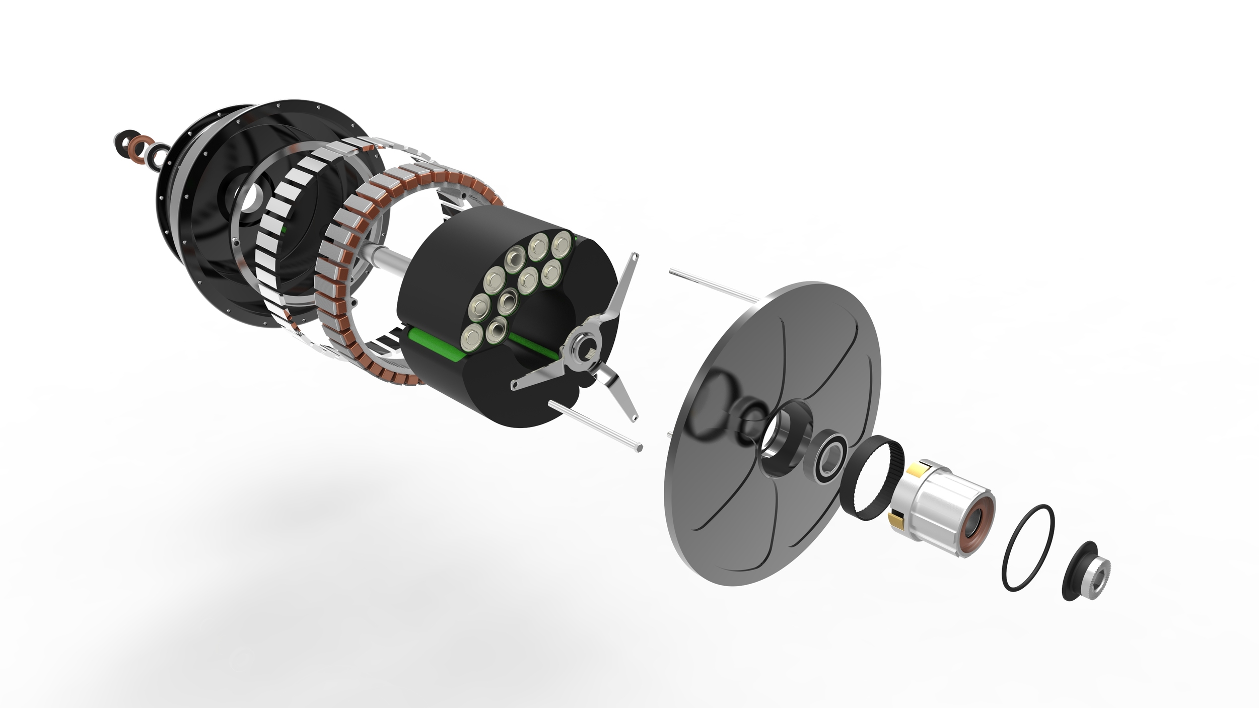 An exploded view of the E-Wheel™ with the special BLDC Motor design (rendering image)