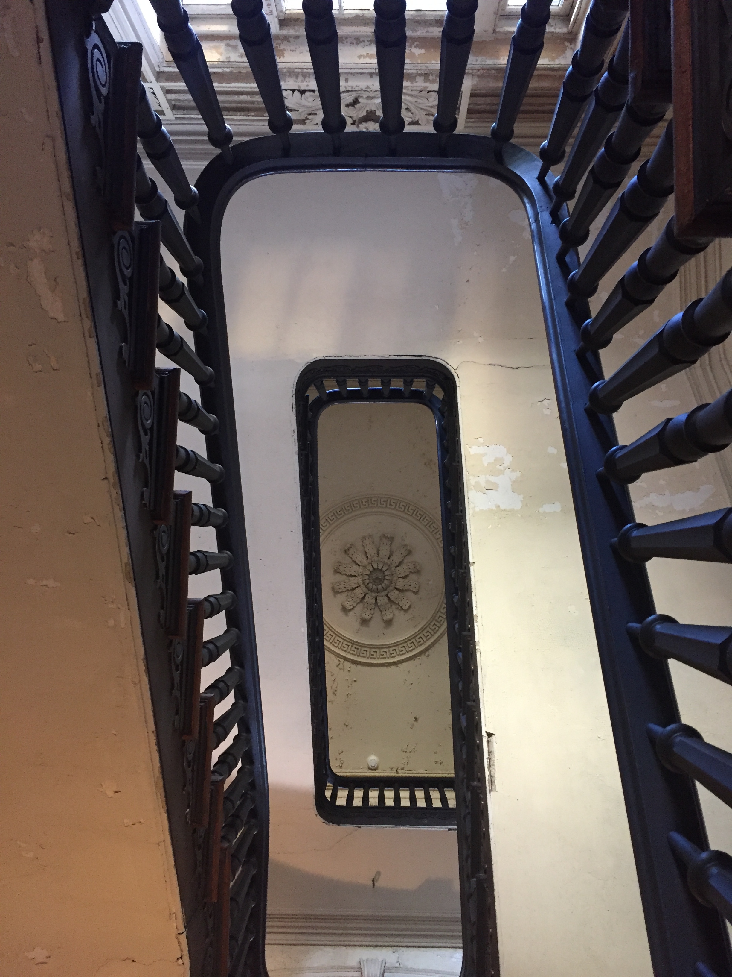View looking up to the third story ceiling, a plaster cornice, and centerpiece consisting of 12 radiating acanthus leaves surrounded by a greek key fret band.