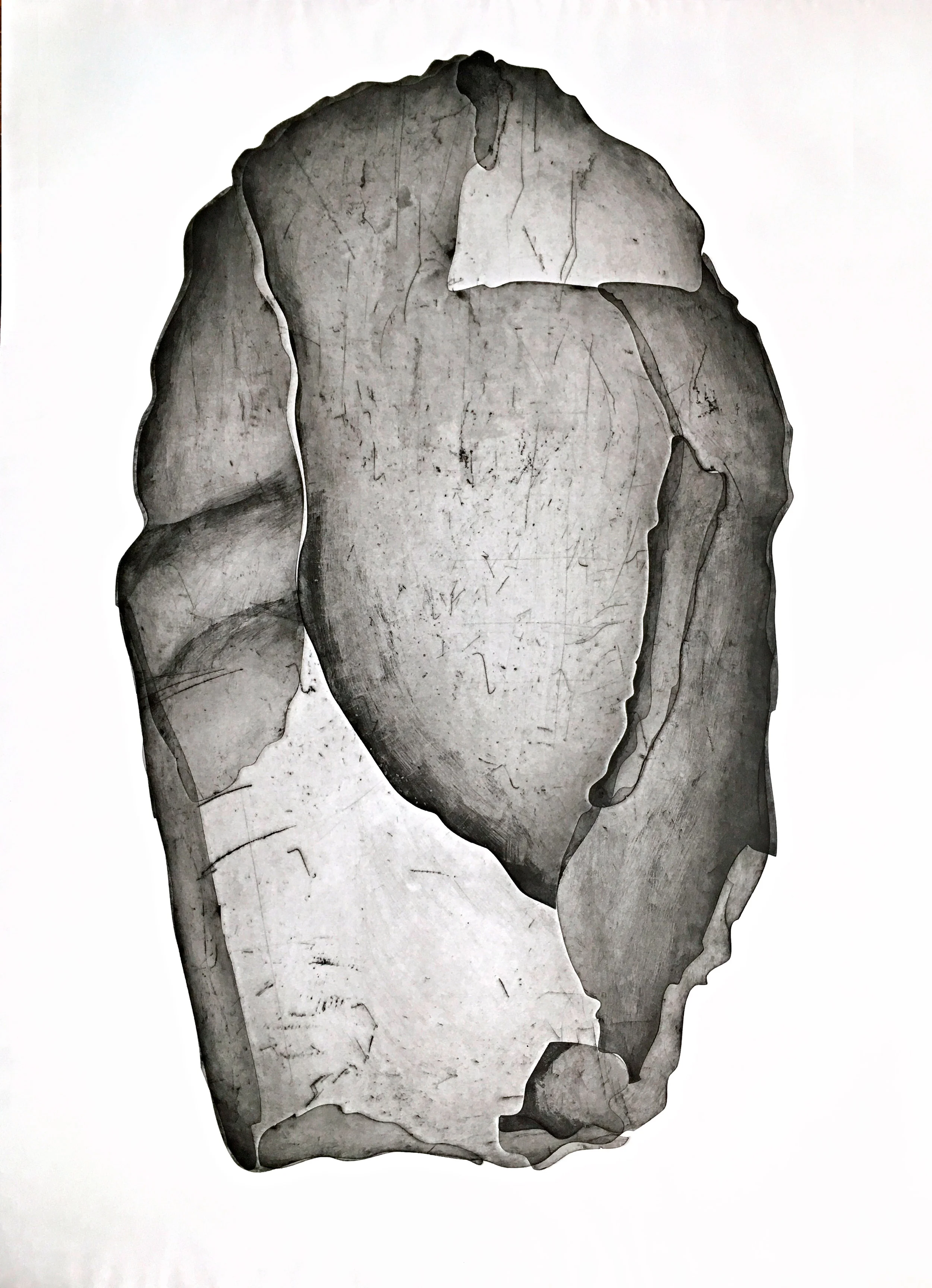 Stone Axe Head, monotype test, 2016, size: 135 x 95cm. This is one of the first large monotype prints that I made at Basil Hall print studio in Braidwood NSW. You can see all the different plates (shards) that make up the whole stone tool. This image is a direct study of the stone tool. The paper is embossed at the edge of every new plate, you can see this very slightly in this image.