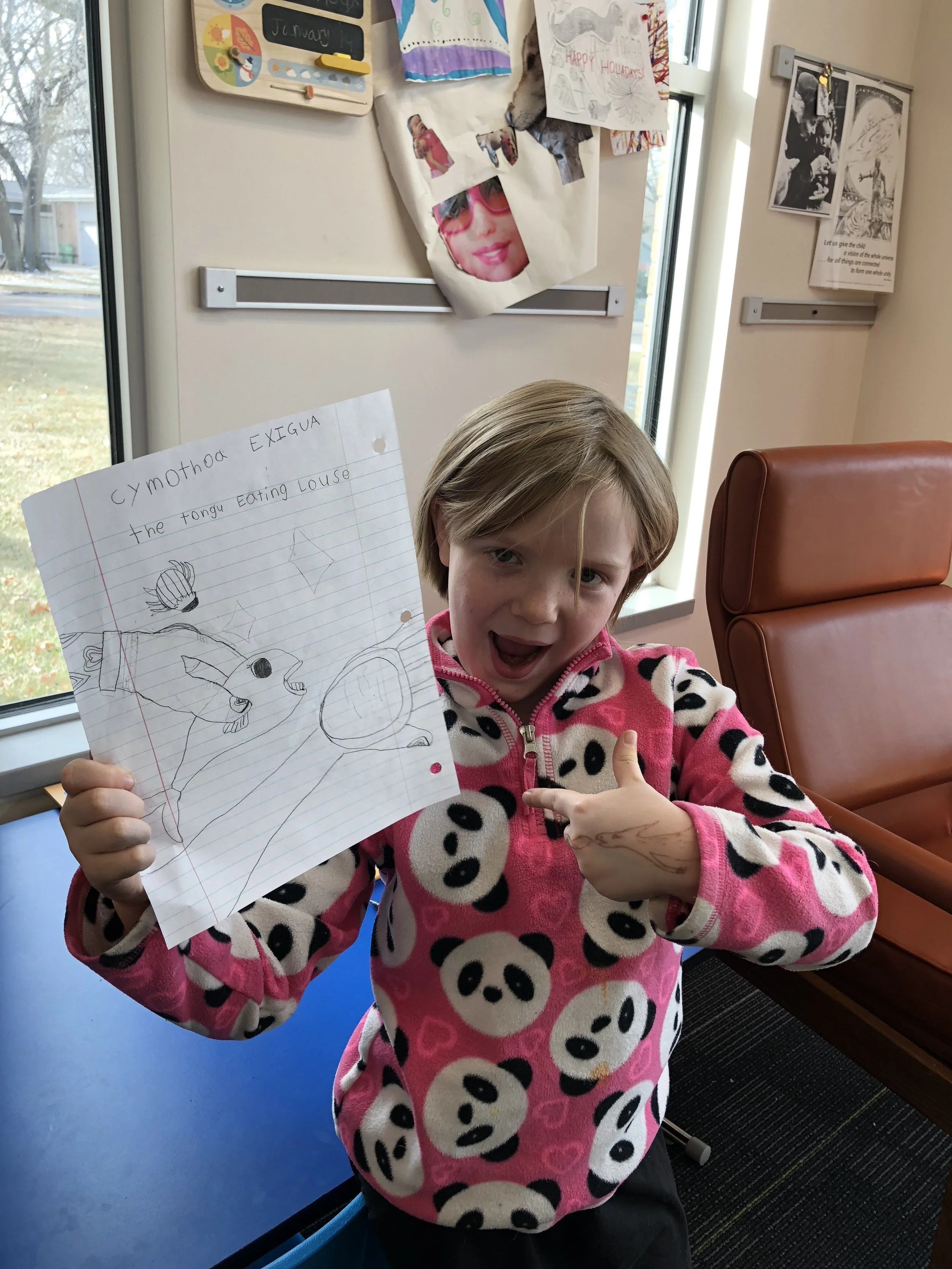 This seven year old is crazy about parasites. She wanted to do a project on parasites, so she found one she liked using our computer (the tongue eating louse) and drew it. 