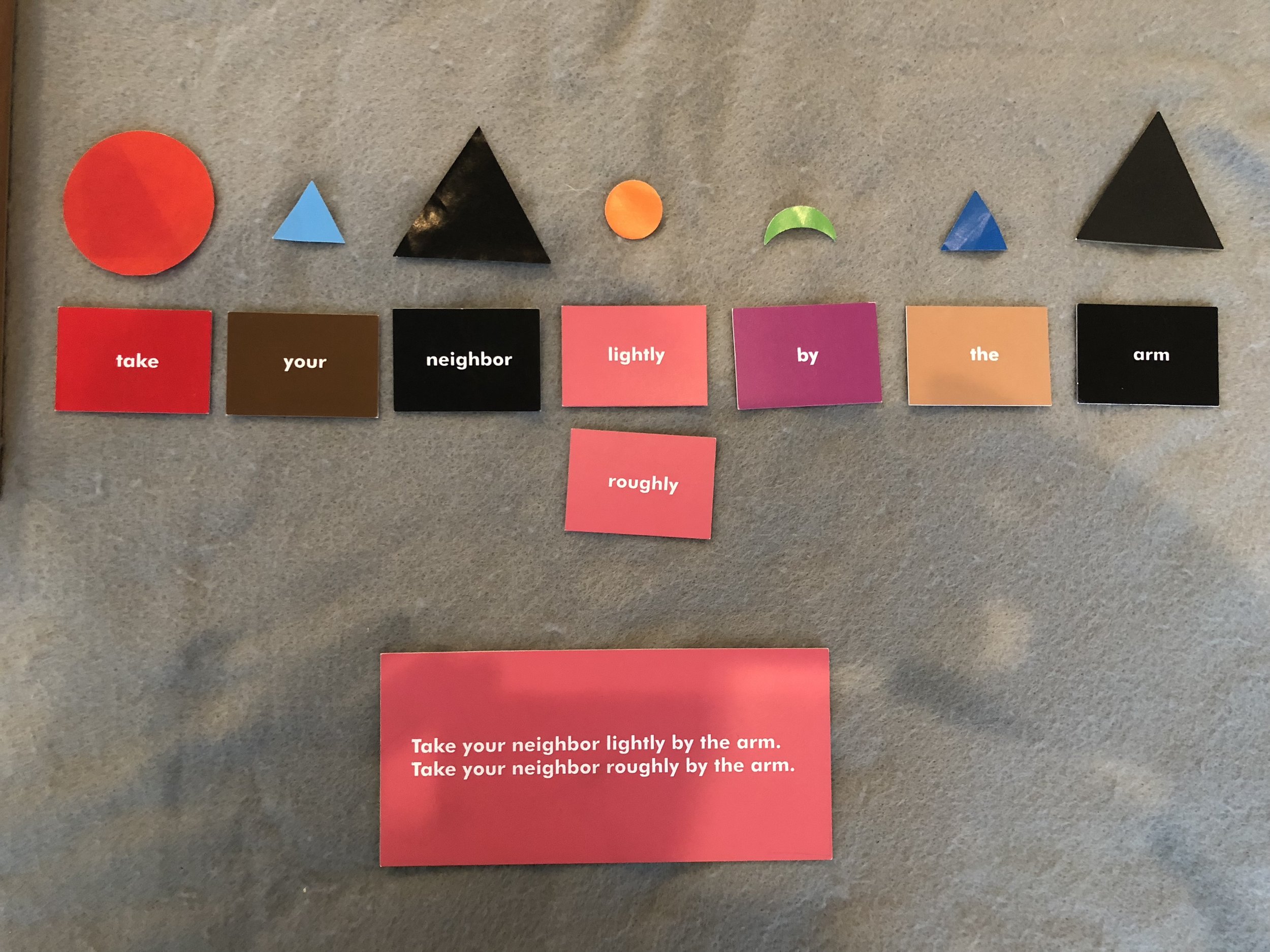 This is one of the ways that we teach children grammar. By using shapes and color, this material gives children a visual cue to help them remember their parts of speech. 