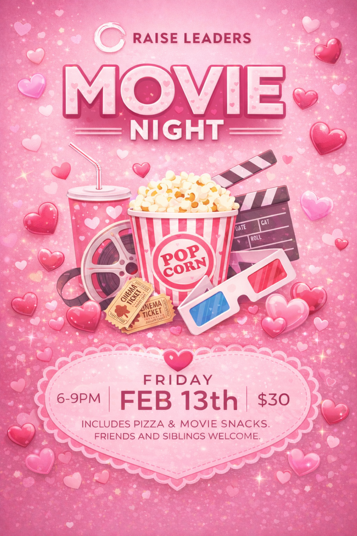 Raise Leaders Movie Night Event Flyer for February 13th