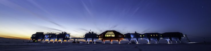 The Halley VI Research Station, with the last sunlight for 100 days as it enters 24hr darkness in winter.