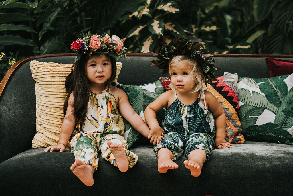Lucy Romper in Bird of Paradise (left) & Lucy Romper in Banana Leaf (right) Photo By: Gabriella Katalin