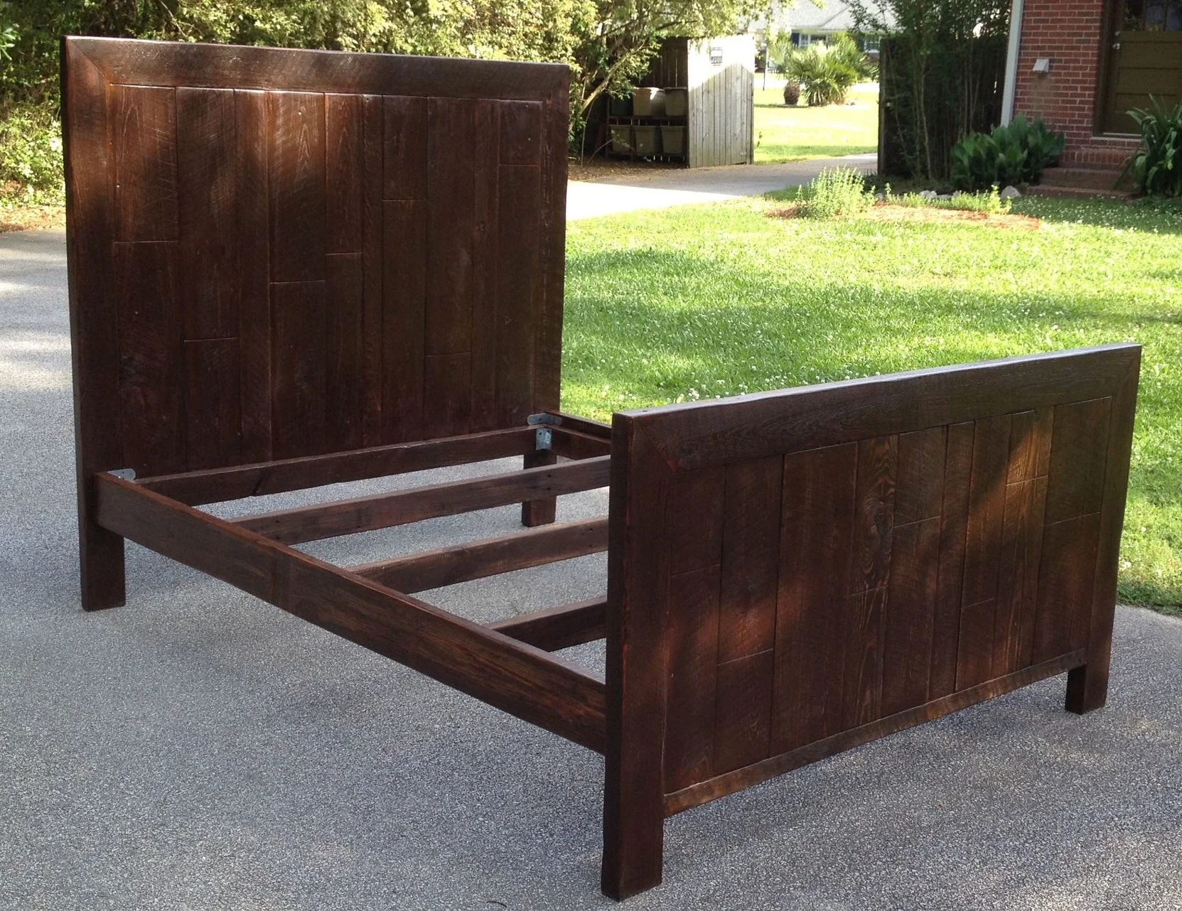 Staggered Plank Queen bed 66" wide x 81" long | Headboard: 5’ tall | Footboard: 3’ tall Dark walnut finish $1,985
