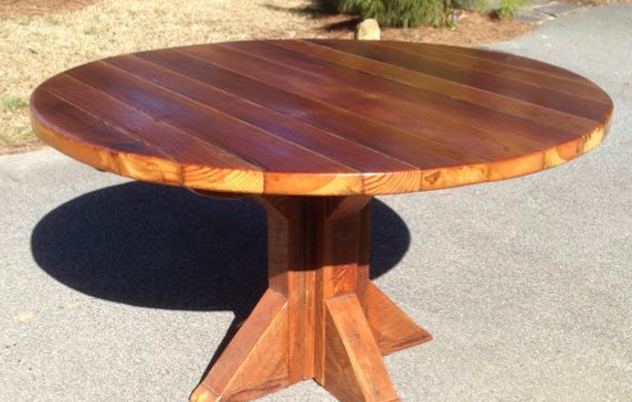 RoundDining Table 54” Plank Angular Trestle base Natural finish $1,295