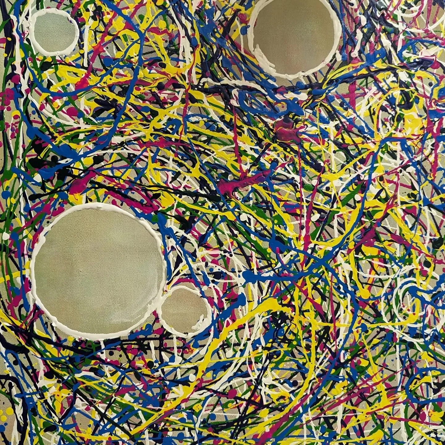 Entangled in thought bubbles. Try following each colour and you will see your story woven in the threads of entangled thoughts. Yes it's #jacksonpollock inspired but the entangled one is me with the flow.
With entanglement each particle creates one h