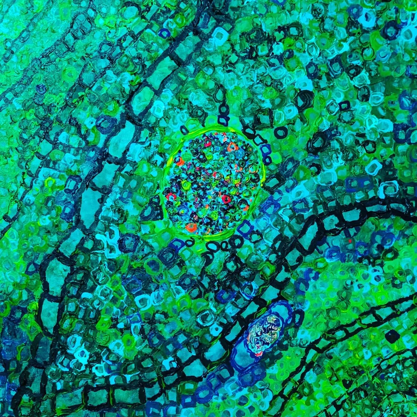It says grass is greener on the other side. Or is it part of the cellular structure #art on instagram #artandtechnology #artandscience #dna #cell #cellbiology