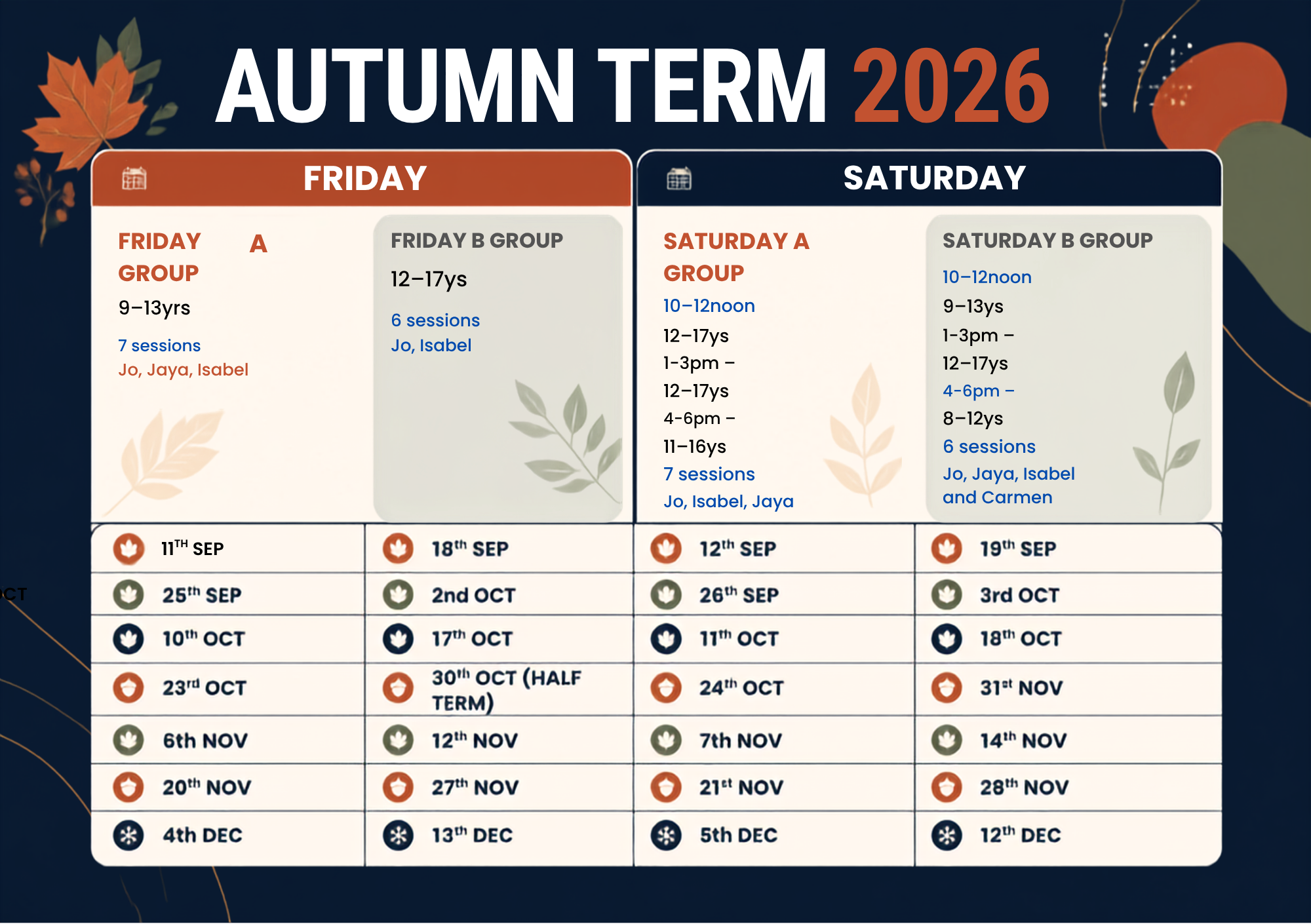 Autumn schedule for the 2026 school term, showing dates and activities from September to December, with colour coded icons for holidays and breaks.
