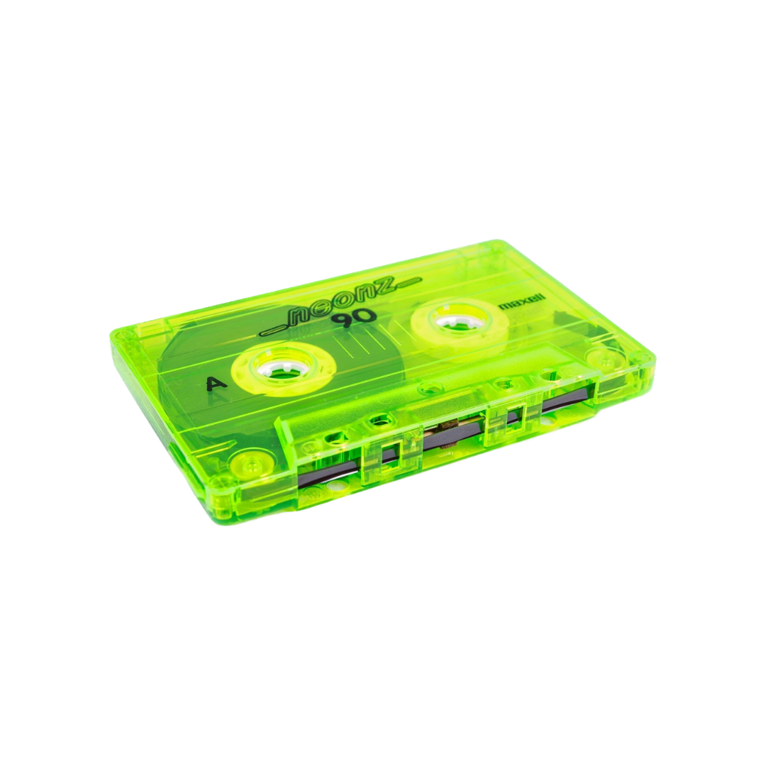 A lime green cassette tape