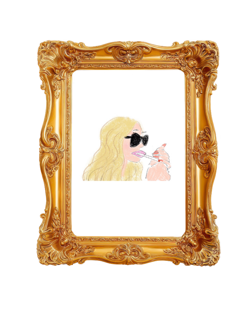 A drawing of a blonde woman smoking in a large gold frame