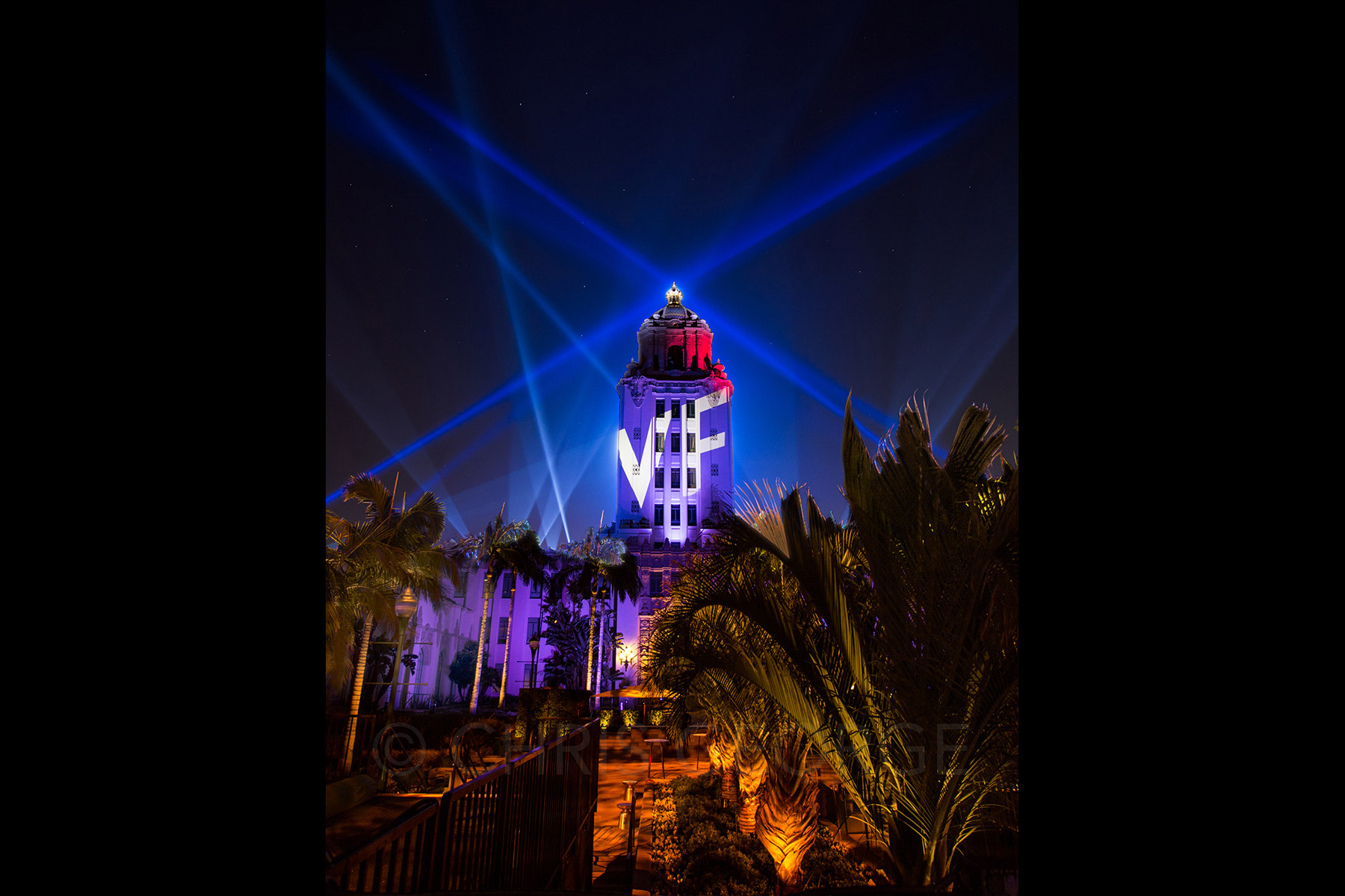 VF Oscar Party Lighting Test on City Hall, 2016