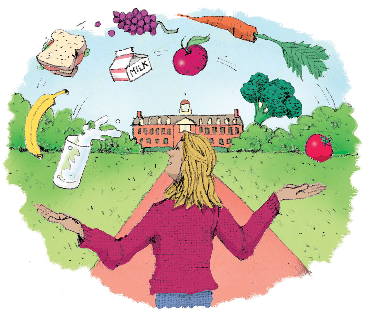 The school's signature building appears in the center of this drawing