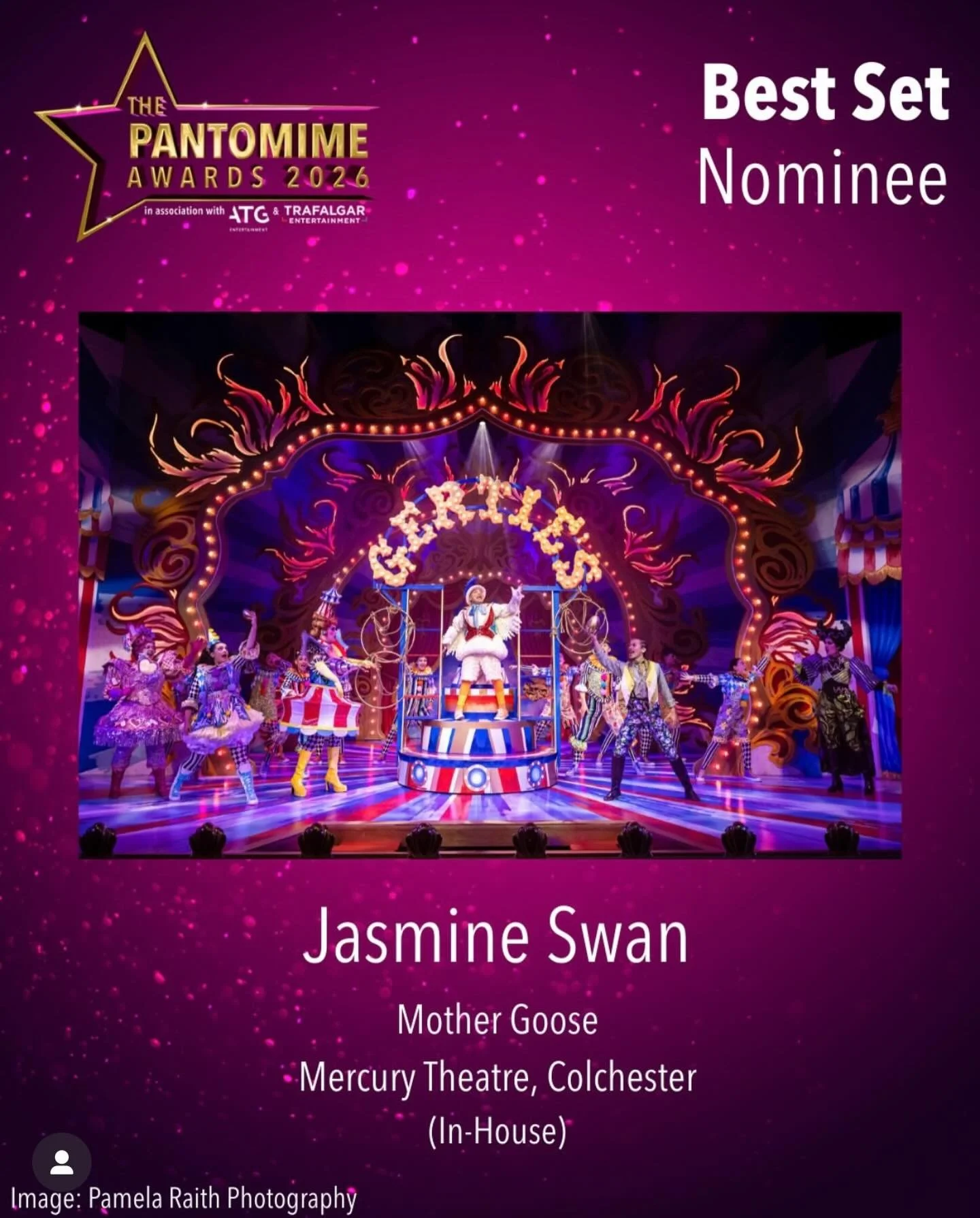 Thrilled our big top for #MotherGoose has been nominated for a Best Set Design UK Pantomime Award!!! 🪡🧵✨ An eye-popping amount of detail, craft and care went into constructing, painting and drawing the set for the show by the brilliant Mercury team