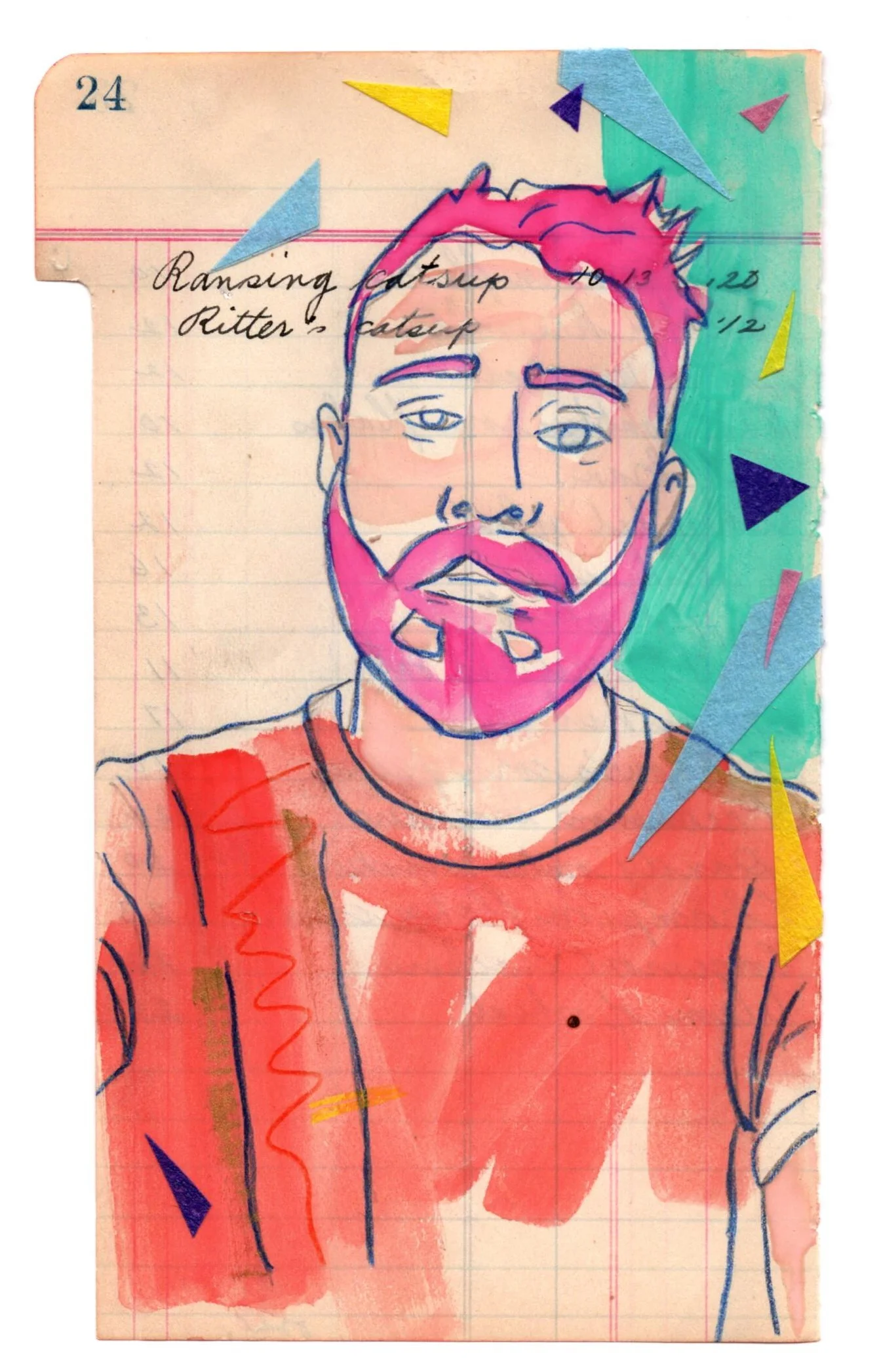 ‘@jacobxroscoe’ - 2018 watercolor, color pencil, masking tape, vintage ledger page