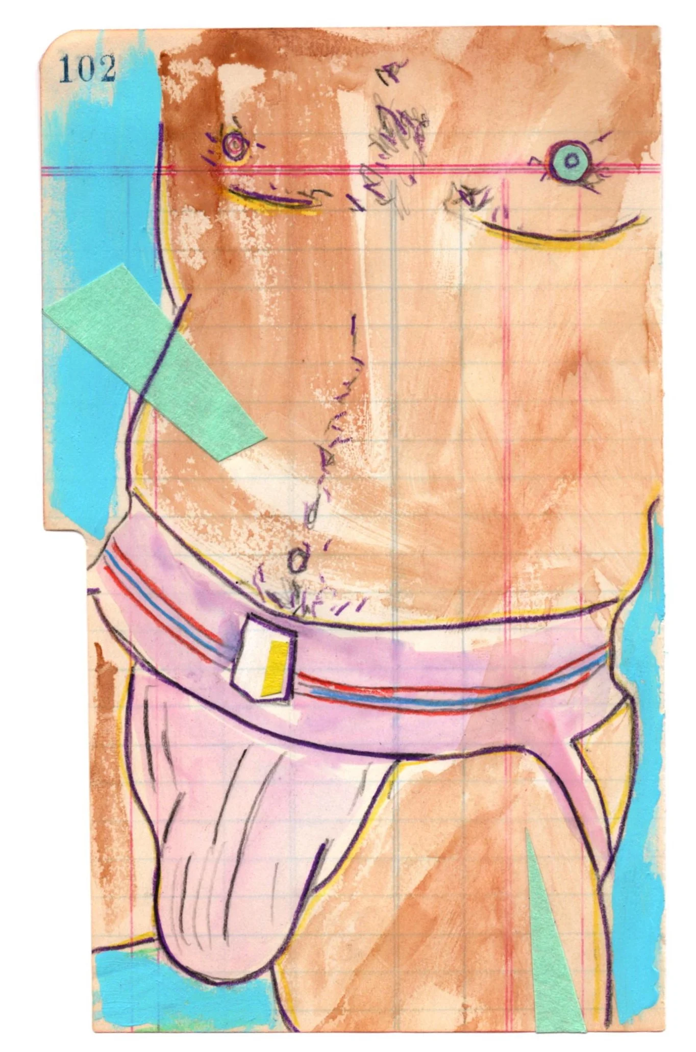 ‘ex in a jock’ - 2018 watercolor, color pencil, masking tape, vintage ledger page