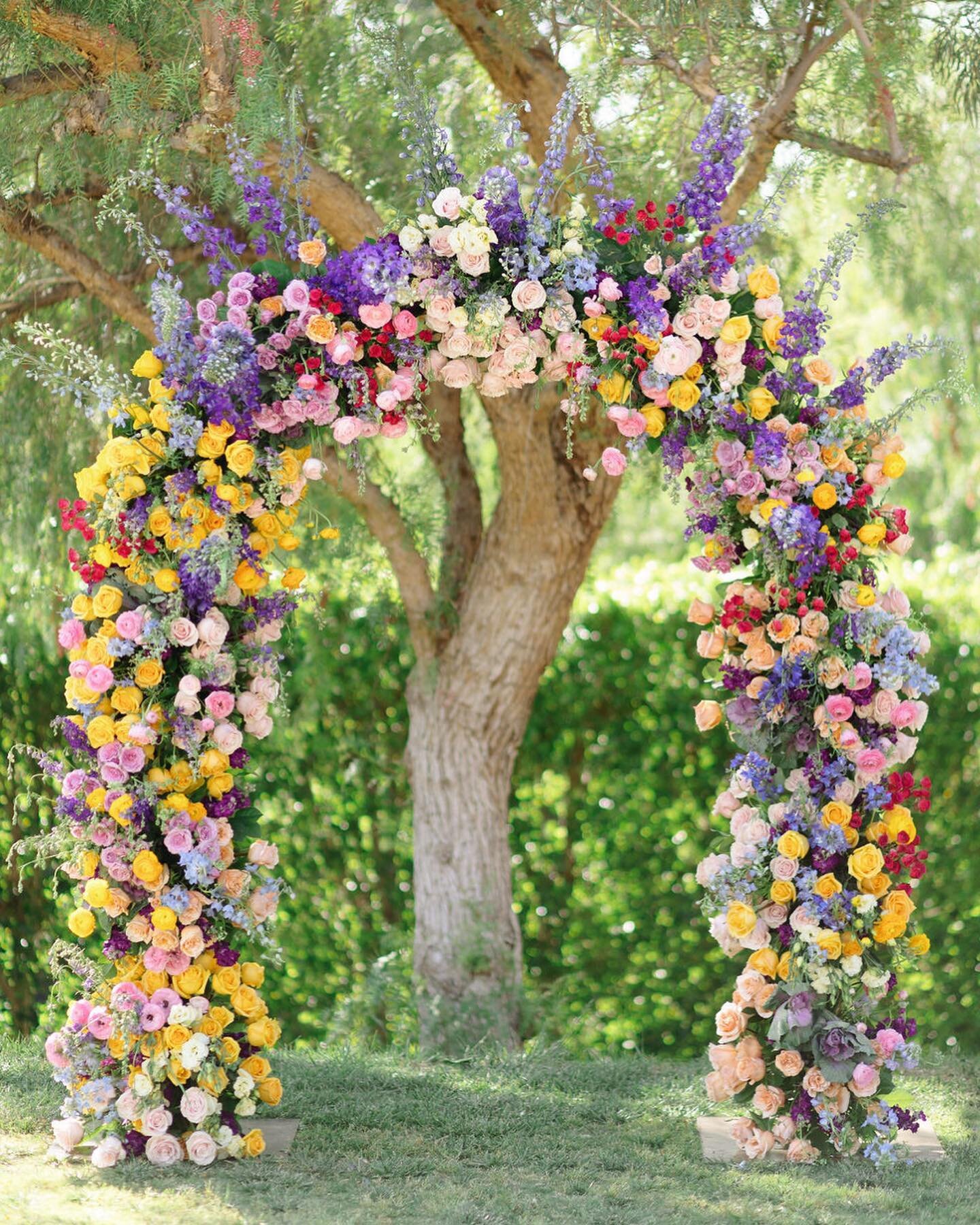 This weekend&rsquo;s arch was even more gorgeous in person! So grand, lush, and full of the best and brightest Spring floral 🌸 💜🌼🌷Swipe for the lovely couple 💝💝
Photo @elizabethburgiphotography 
Florals @h.afloraldesign 
#atwinewedding