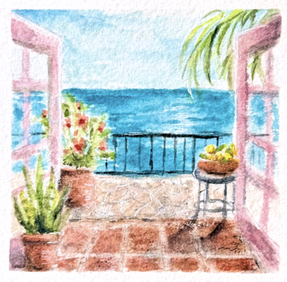 Wednesday 8/5 ,  7:30-9 PM (CST) Intermediate Watercolor Class- Barbados Oceanfront Veranda