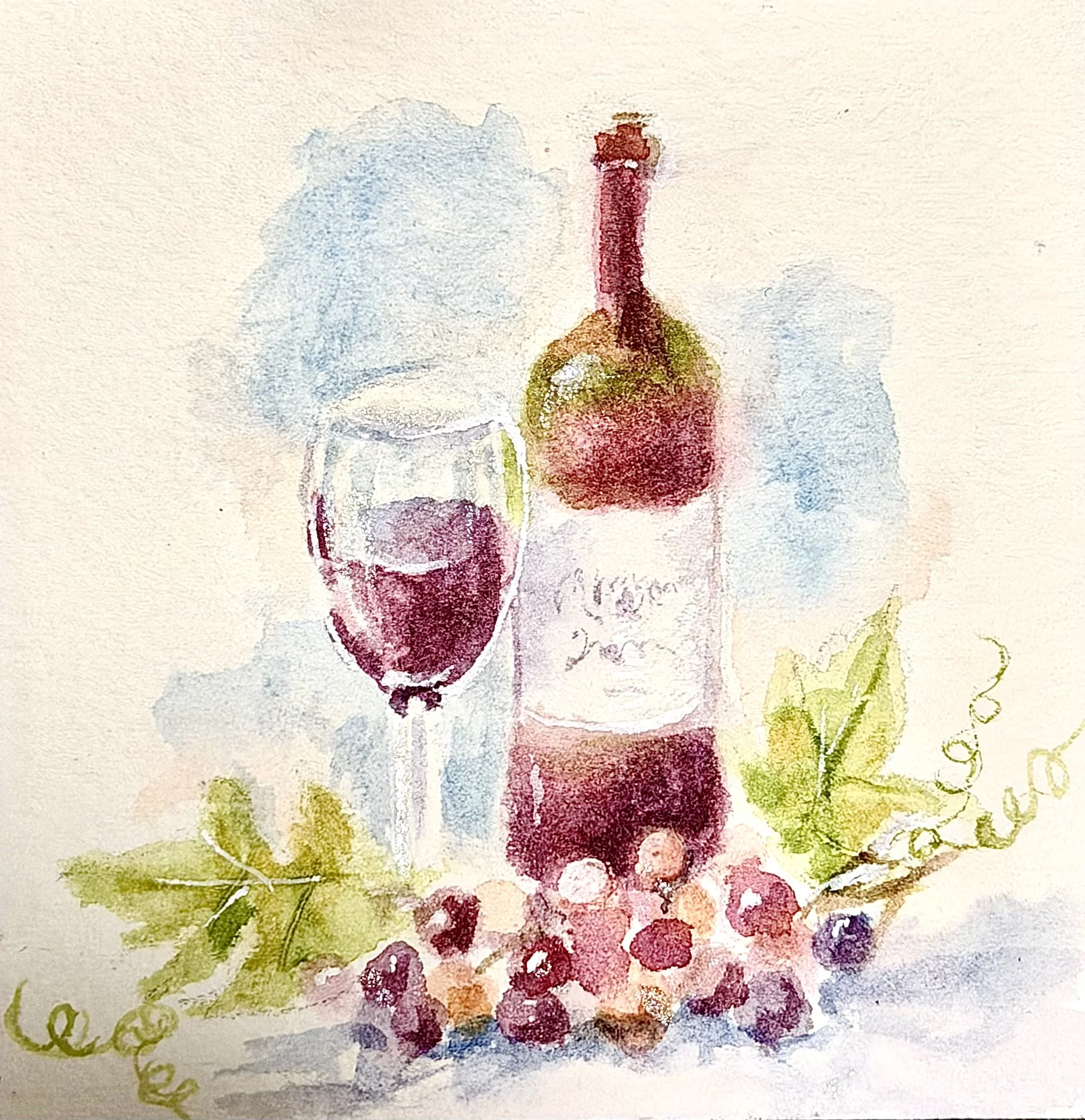 Wednesday 9/9 ,  5:30-7 PM (CST) Beginner Watercolor Class- Wine & Grapes Napa Still Life