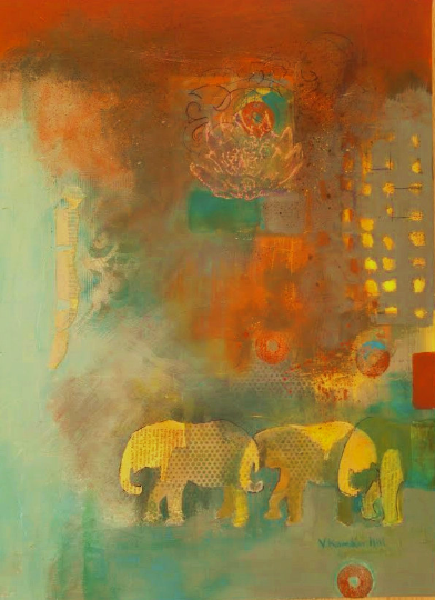 Progression-acrylic, mono printing, and stenciling on cradled board. 18" x 24". 2013