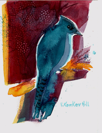 Blue Jay on Branch-acrylic on watercolour paper. 5"x 7". 2014
