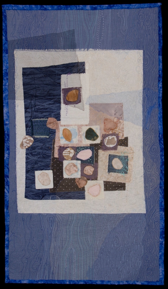 Stones From the River-quilting, embroidery, bead work on cotton and linen, layered with tulle net. 2012