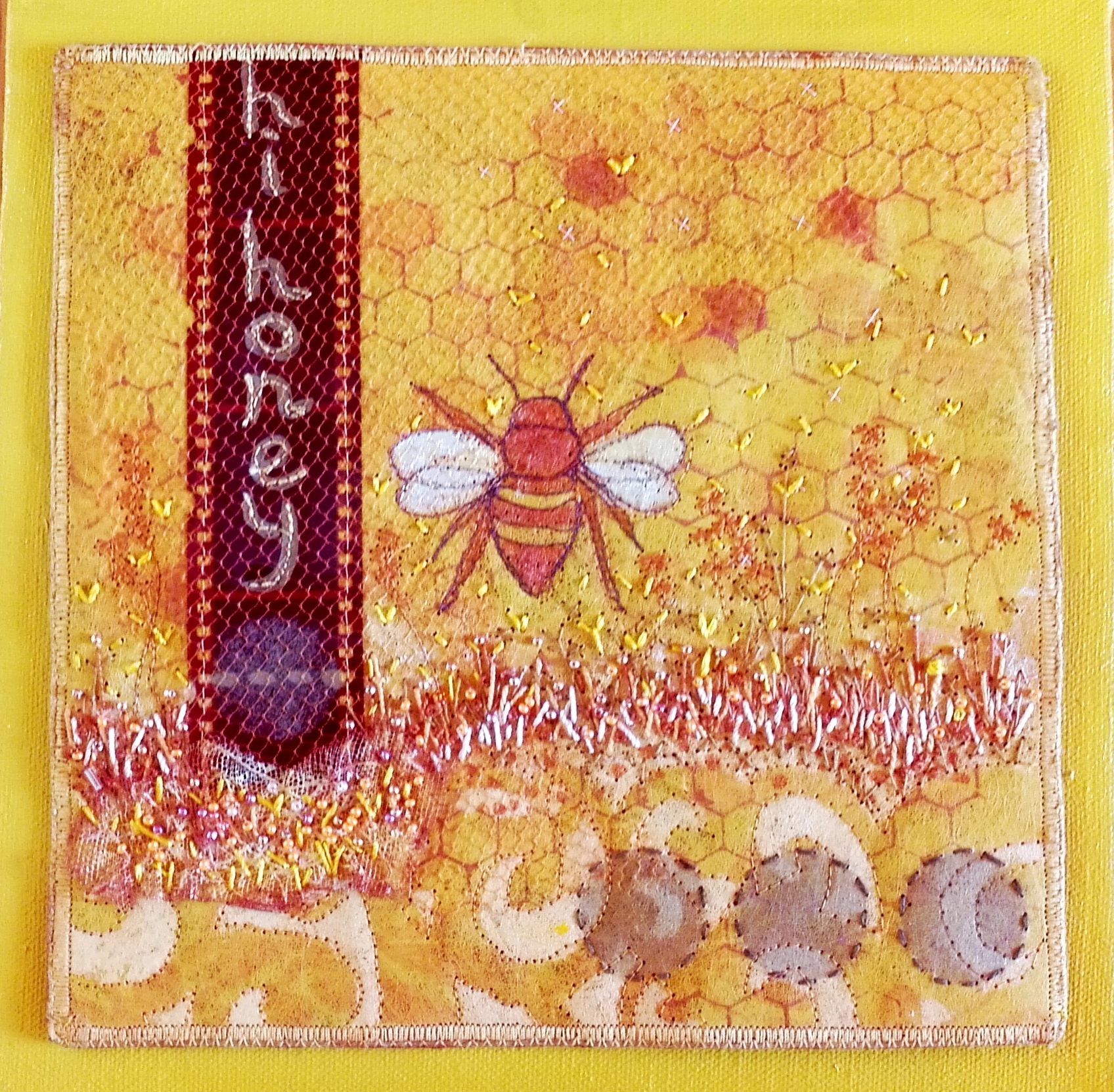 Hi Honey-Quilting, embroidery, beadwork, printing, collage, mounted on stretched canvas. 2011