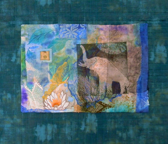 Shanti-quilting, embroidery, beadwork, printing on cotton, linen, and cheesecloth. 18" x 23". 2014