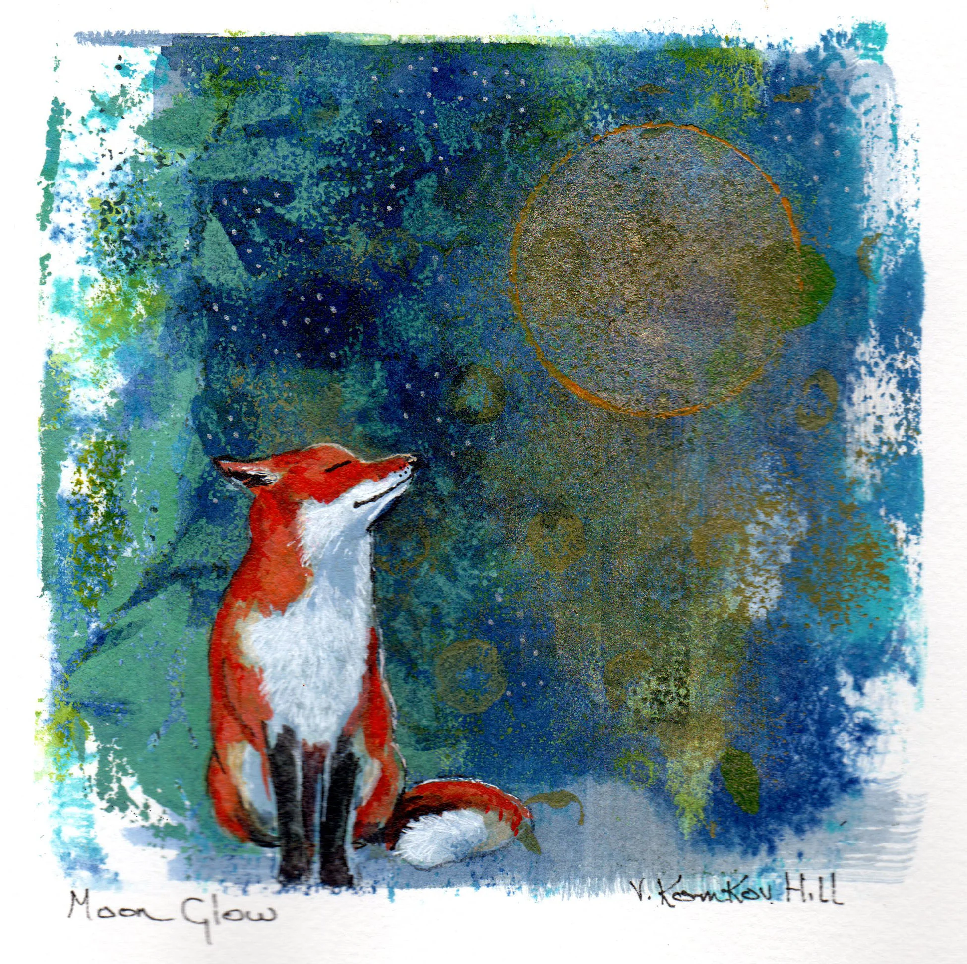 Moon Glow-acrylic and mono print (2017) 6" x 6"